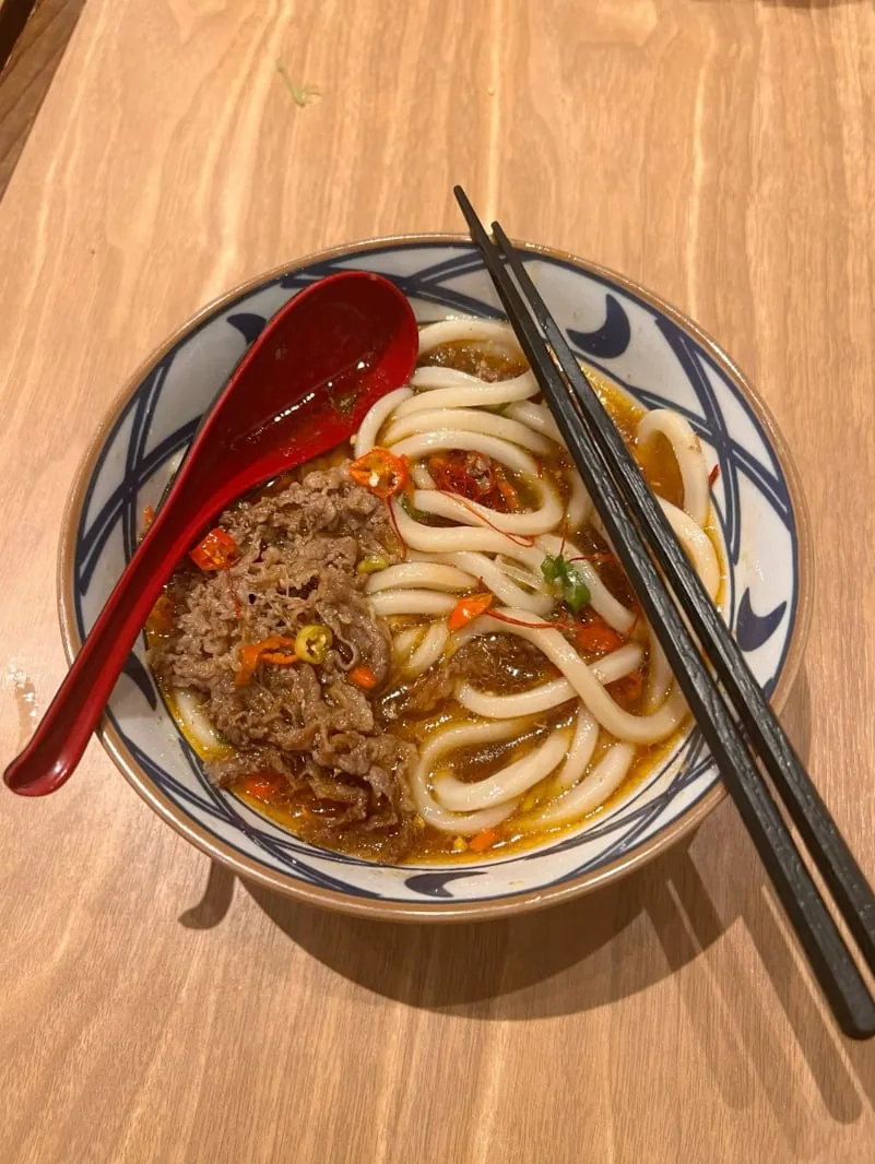牛肉をのせたうどんと赤いれんげ