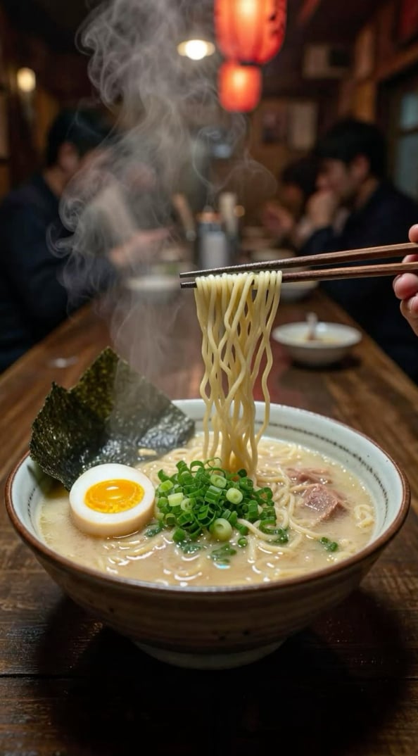 湯気の立つとんこつラーメンを箸で持ち上げる様子